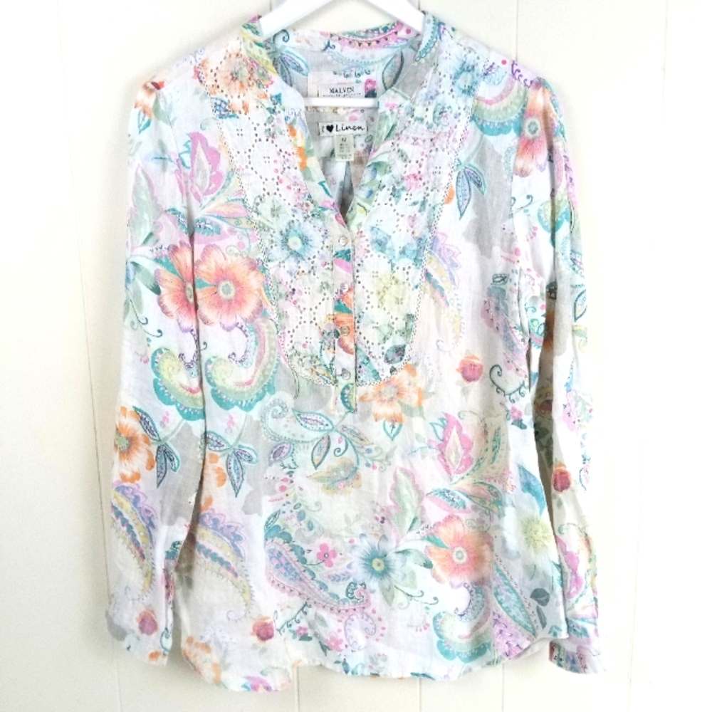 Malvin Linen Top Size M (8) Long Sleeve Lace Eyelet Trim Floral Paisley Popover